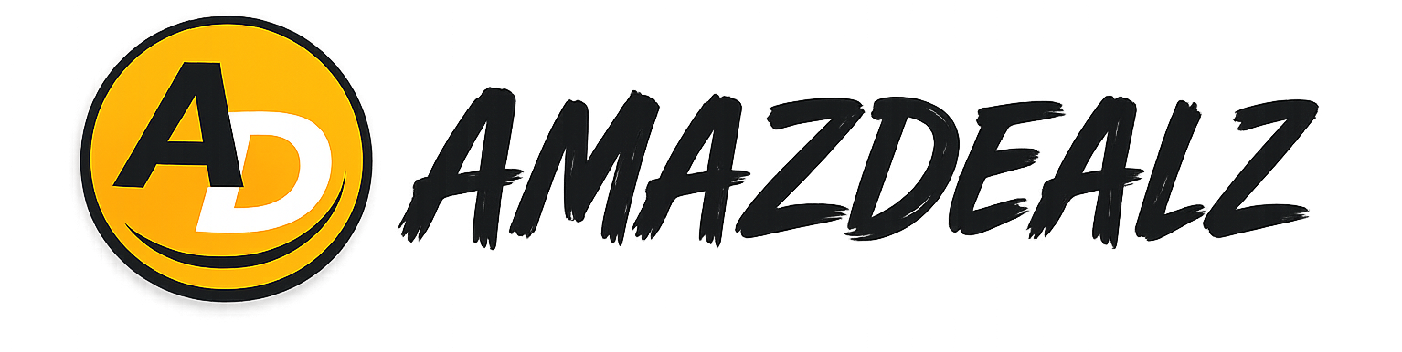 A yellow circular AD logo appears beside the word Amazdealz in bold black lettering across a dark gradient background.